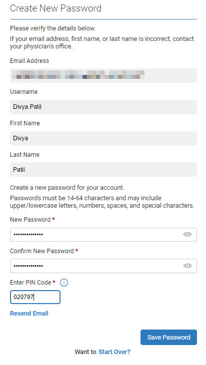 "Image of the Create new password screen with fields for entering and confirming a new password, along with a field to enter pin code."